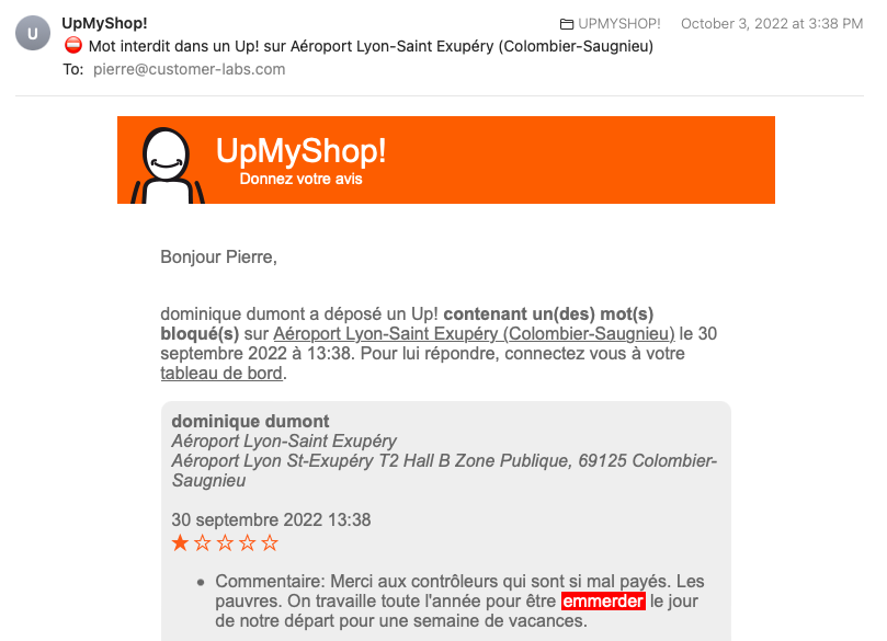 Notification UpMyShop! qui permet de pouvoir être alerté lorsque une personne a mis un mot interdit, grossiers, insultes, dans un avis.